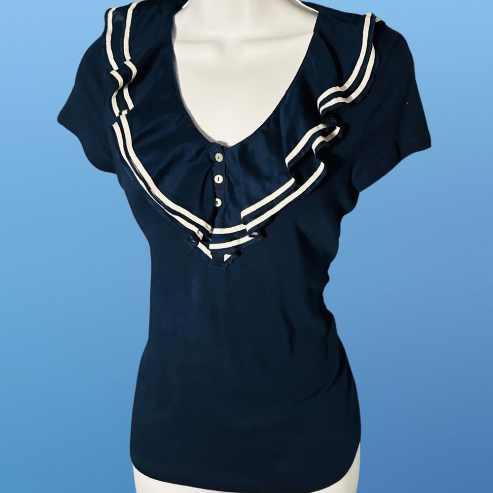 Lauren by Ralph Lauren Navy Ruffled Top